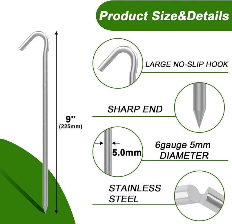 AAGUT Tent Stakes Heavy Duty Metal 9 Inch, 8 Pack Rust-Resistant Galvanized Steel Camping Stake Garden Edging Fence Hooks Yard Tent Pegs for Inflatable, Tarp, Outdoor Christmas Decorations - Image 2